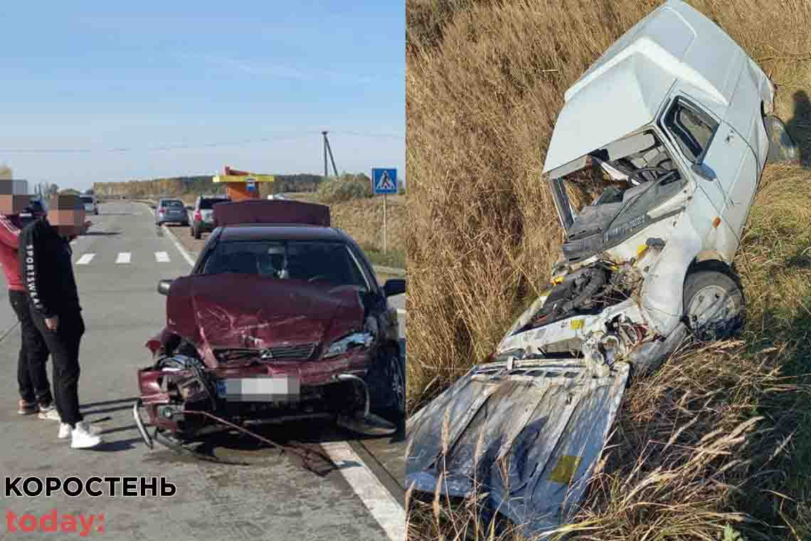 На трасі в Коростенському районі зіштовхнулись ЗАЗ та Opel, троє потерпілих 📷ФОТО