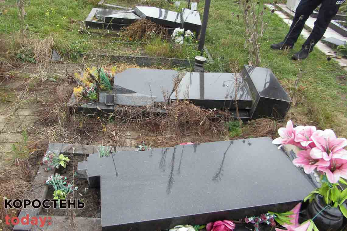 На Житомирщині психічно хворий чоловік розбив десяток пам'ятників на кладовищі 📷ФОТО