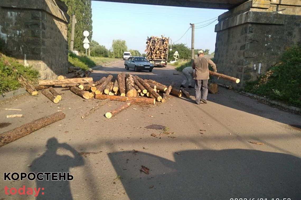 В Овручі з вантажівки на дорогу позлітали колоди 