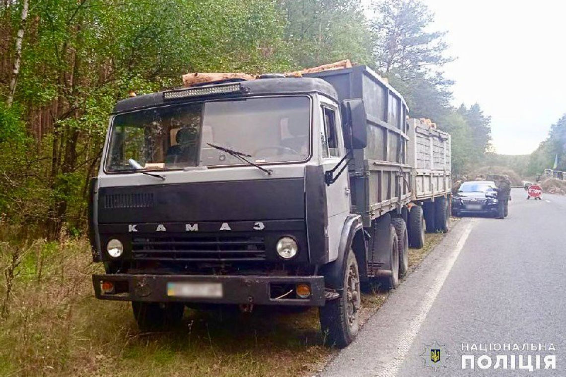 На Овруччині поліцейські зупинили КамАЗ: водій перевозив колоди сосни без документів