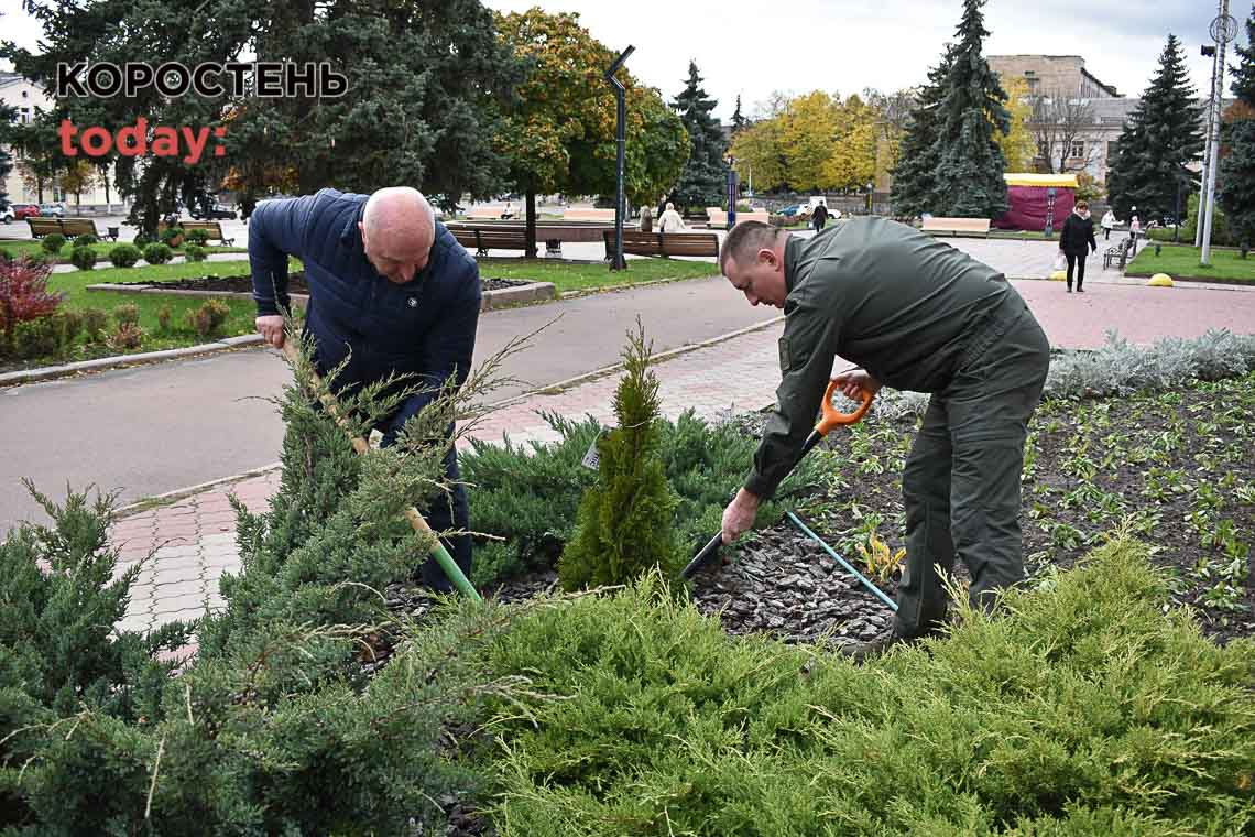 Мер Коростеня садив дерева біля міськради та лікарні