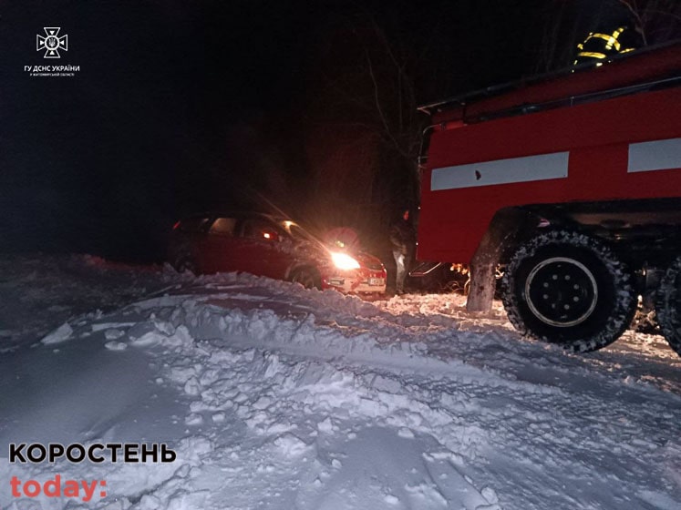 Минулої доби через негоду на Житомирщині рятувальники витягали зі снігових заметів 12 автівок