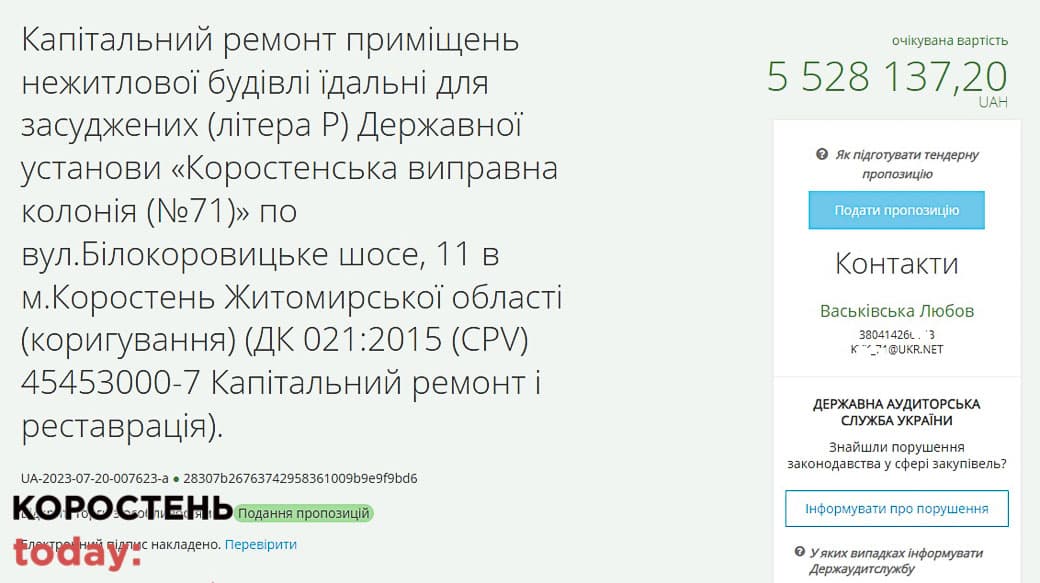 У коростенській колонії за понад 5 млн грн хочуть відремонтувати їдальню