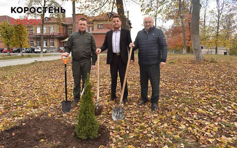 Мер Коростеня садив дерева біля міськради та лікарні