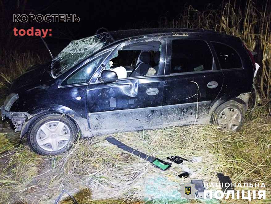 На трасі в Коростенському районі Opel виїхав на “зустрічку”, потрапив у кювет та перекинувся: загинула водійка