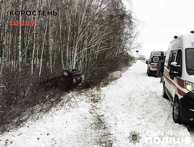На автодорозі в Малинській громаді Mitsubishi з’їхав у кювет та перекинувся: водій та пасажир – травмовані