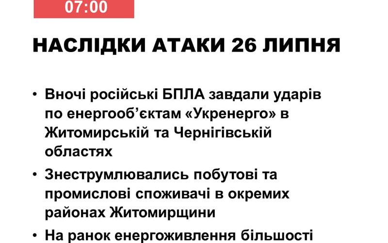 Вночі росія атакувала «шахедами» енергооб’єкти Житомирщини та ще одного з регіонів, тривають ремонтні роботи