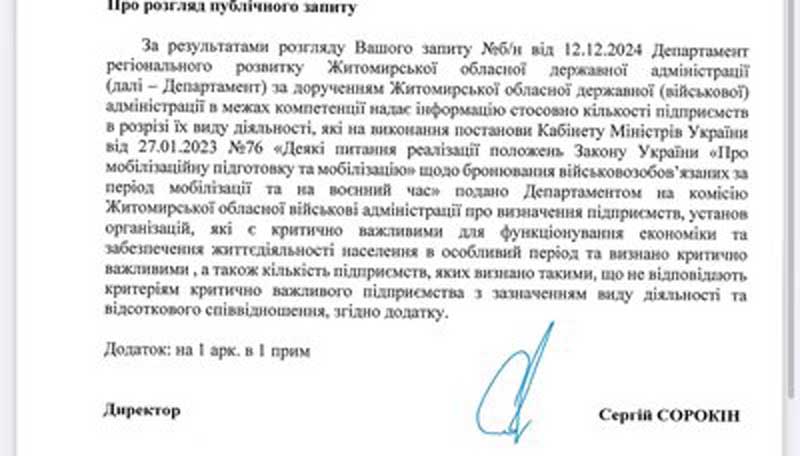 Працівники 21 підприємства на Житомирщині втратили бронь після рішення ОВА