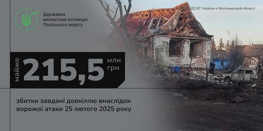 Майже 215,5 млн грн – збитки завдані довкіллю Житомирщини через ворожу атаку 25 лютого