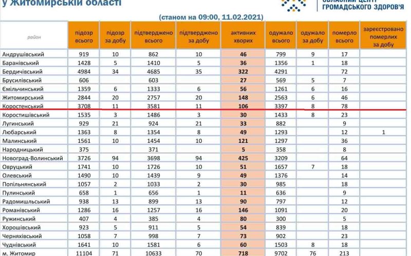 Ситуація із COVID-19 стабілізувалась: за офіційною статистикою на Коростенщині хворіє 106 осіб
