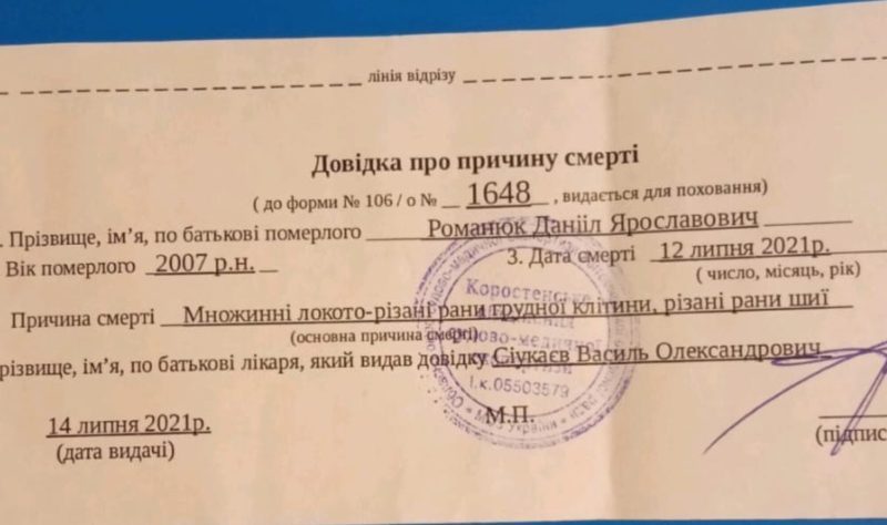 Дивне розслідування та судово-медична експертиза тіла вбитого Даніїла Романюка з Коростенщини
