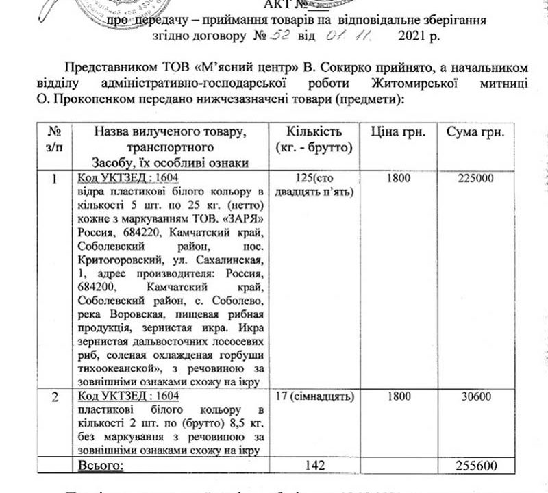 Житомирська фірма за 1 грн зберігатиме понад 140 кг ікри, яку вилучили у громадянина Білорусі на кордоні на Овруччині