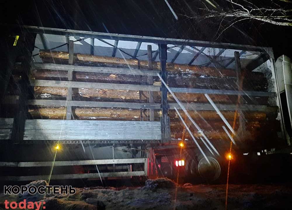 Поблизу одного з сіл Коростенського району поліцейські затримали вантажівку з сосновими колодами, документів на деревину водій не надав