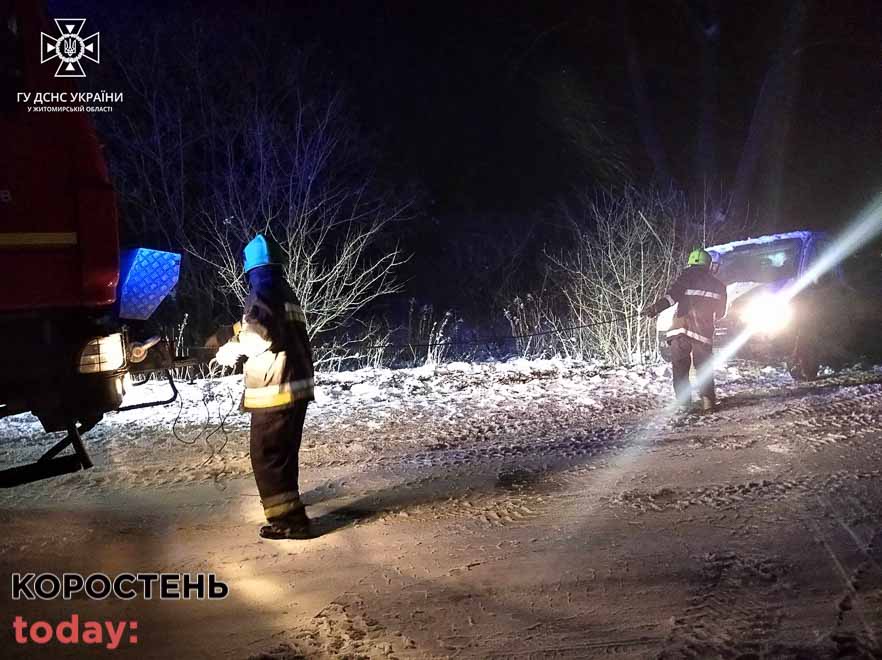 Через ожеледицю у Малині вантажівка з’їхала на узбіччя дороги та застрягла