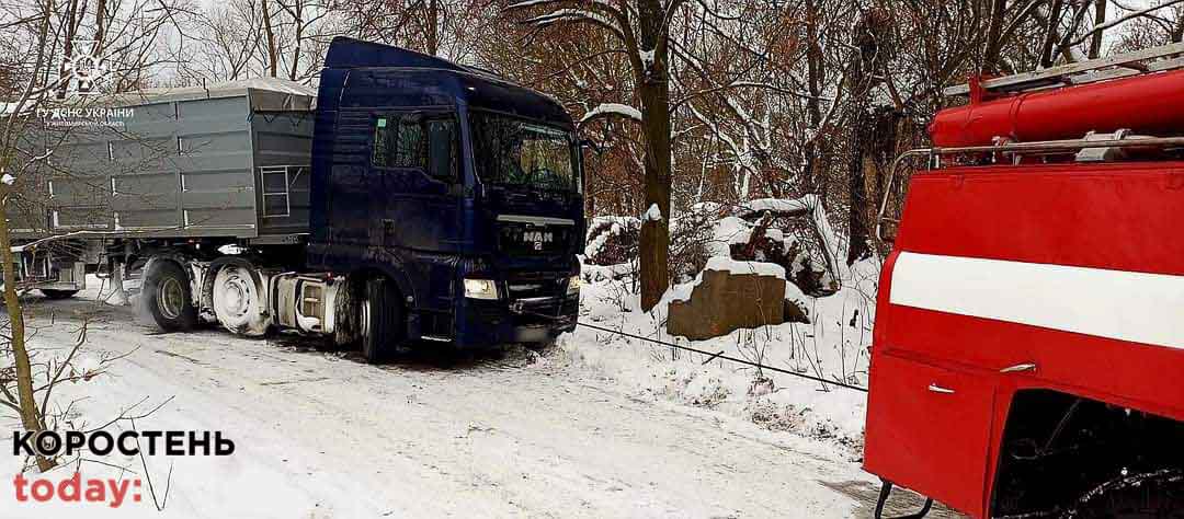 Поблизу смт Народичі рятувальники відбуксирували MAN, який застряг на узбіччі та перекрив дорогу