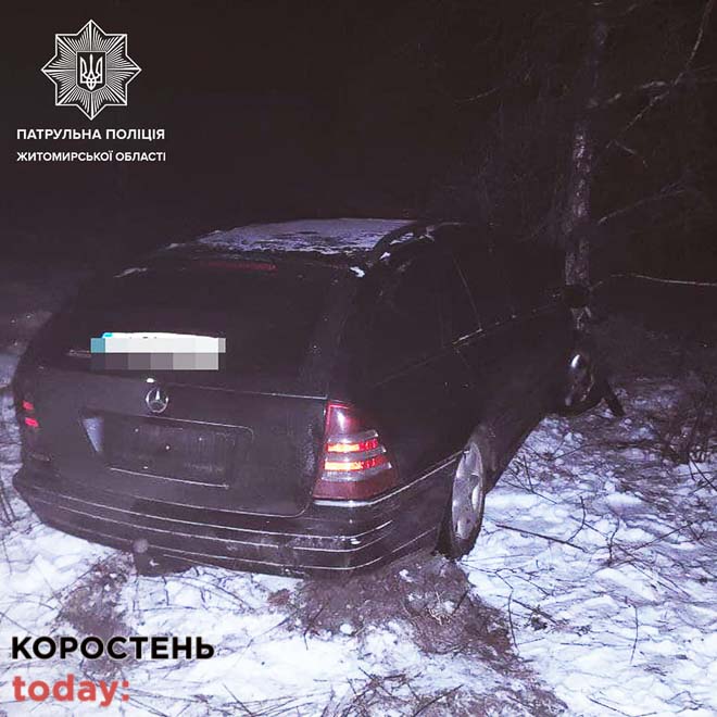 У Коростенському районі в DAF відвалилось колесо: на перешкоду наїхав Mersedes, з’їхав у кювет та врізався в дерево