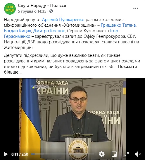 Арсеній Пушкаренко: Винні у пожежах на Житомирщині мають понести відповідальність