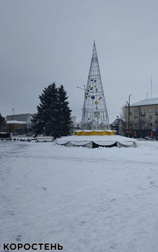 Біля Коростенської міськради встановили та прикрасили металеву ялинку