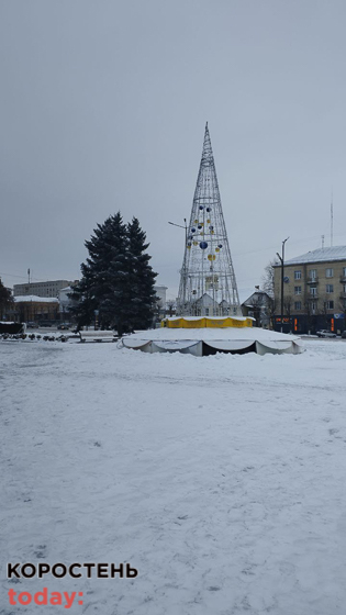 Біля Коростенської міськради встановили та прикрасили металеву ялинку