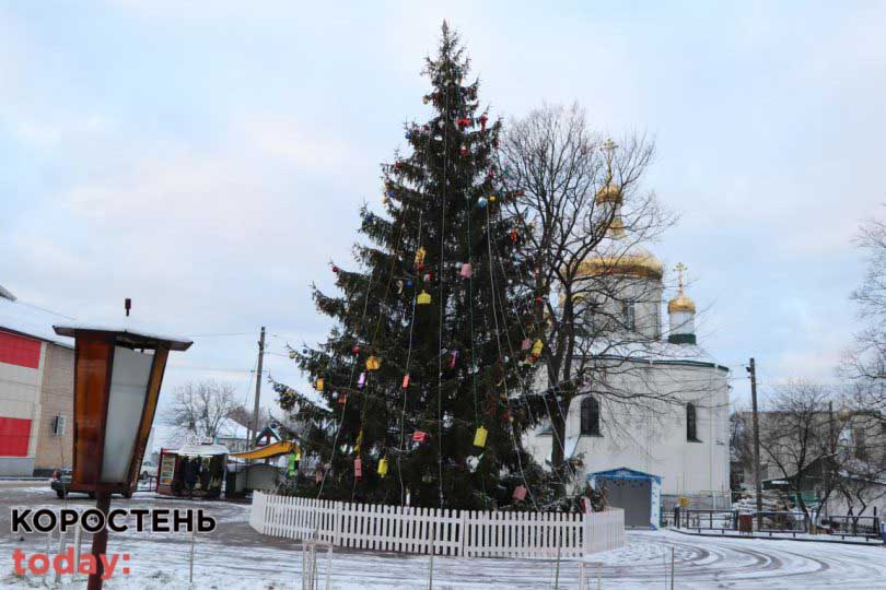 В Олевську невідомий “зніс” автомобілем паркан біля новорічної ялинки, гірлянди порізані, іграшки зірвані